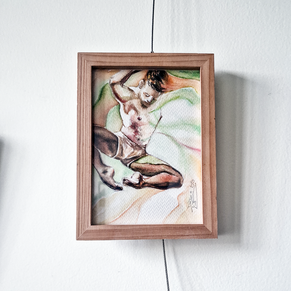 Male Dancer on Green, Man Figure Watercolor Small Painting, Original Art Framed