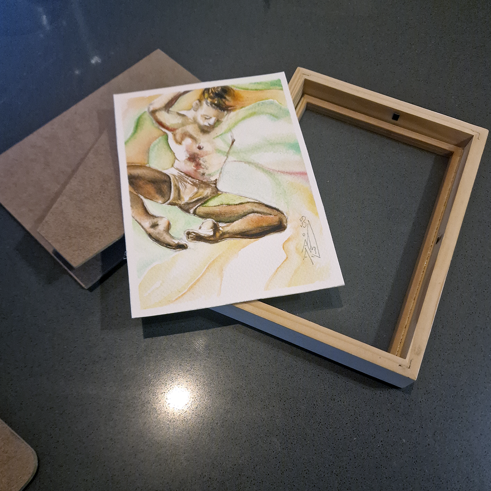 Male Dancer on Green, Man Figure Watercolor Small Painting, Original Art Framed