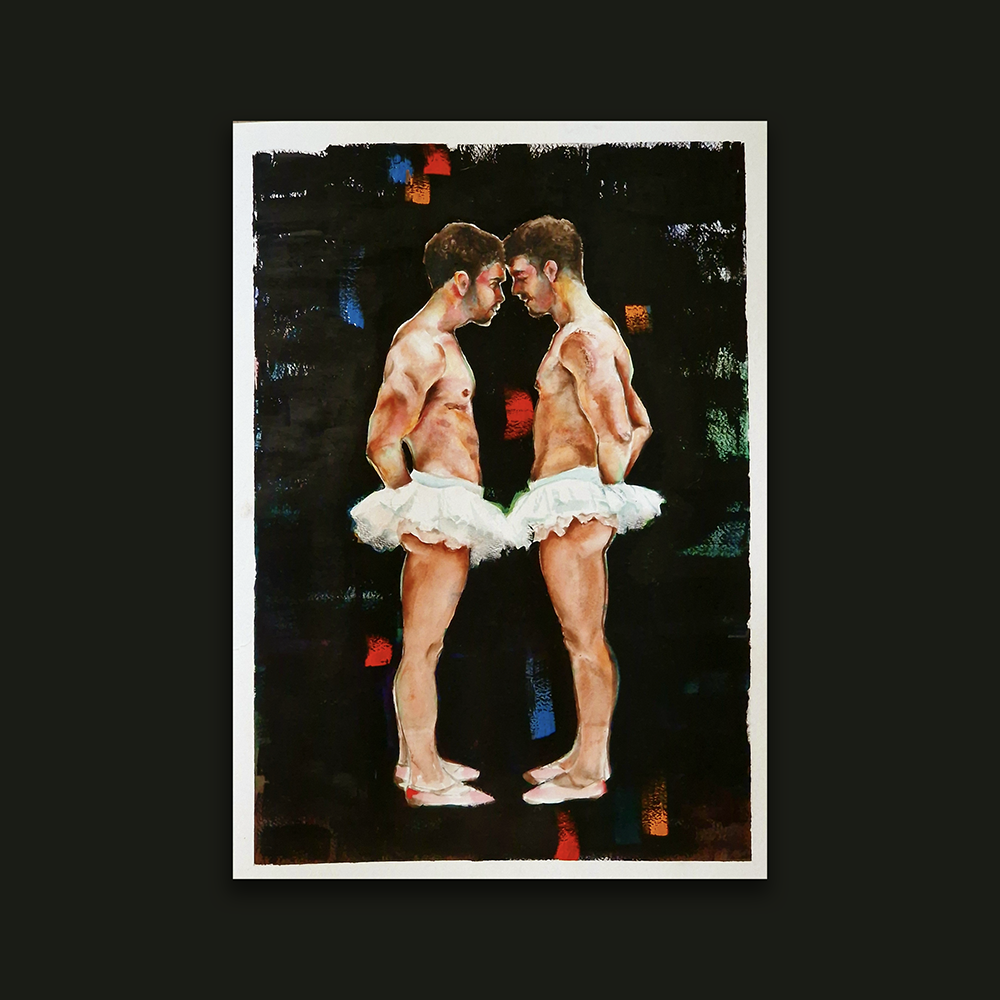 Men Romance Watercolor Painting, Male Figure Art on Black