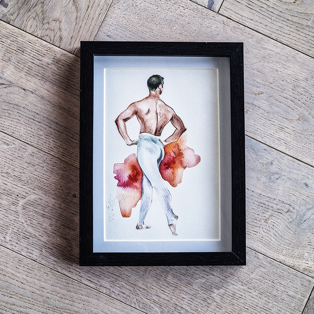 Male Dancer in White, Man Figure Watercolor Painting Framed