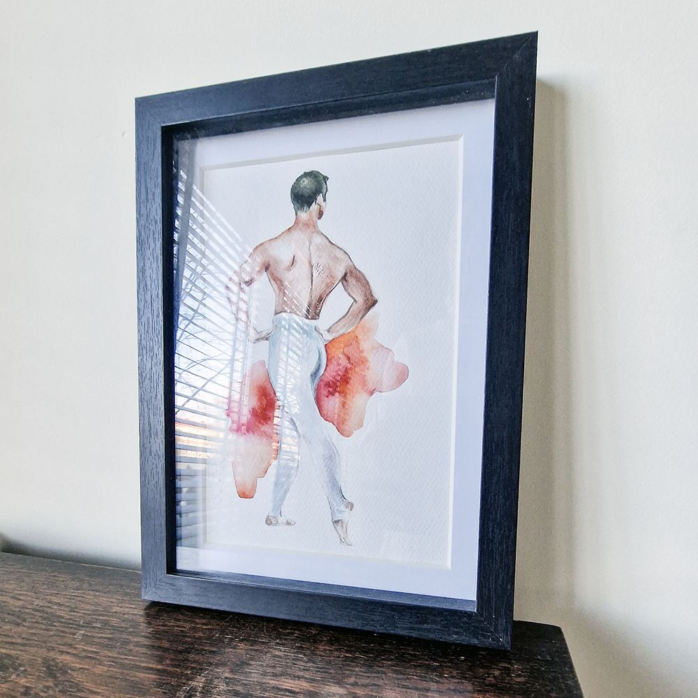 Male Dancer in White, Man Figure Watercolor Painting Framed
