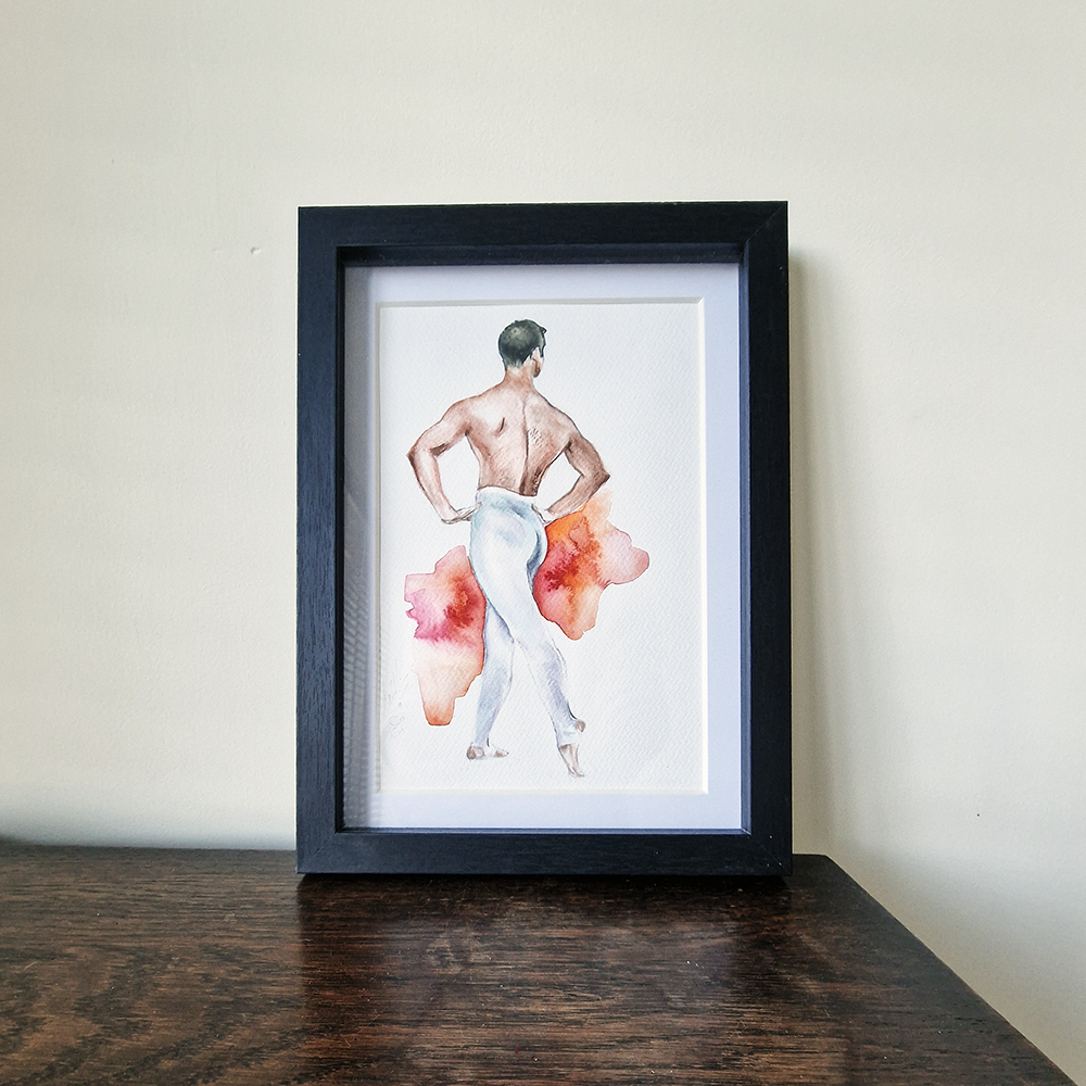 Male Dancer in White, Man Figure Watercolor Painting Framed