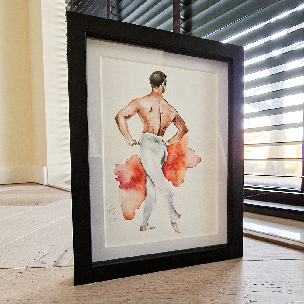 Male Dancer in White, Man Figure Watercolor Painting Framed