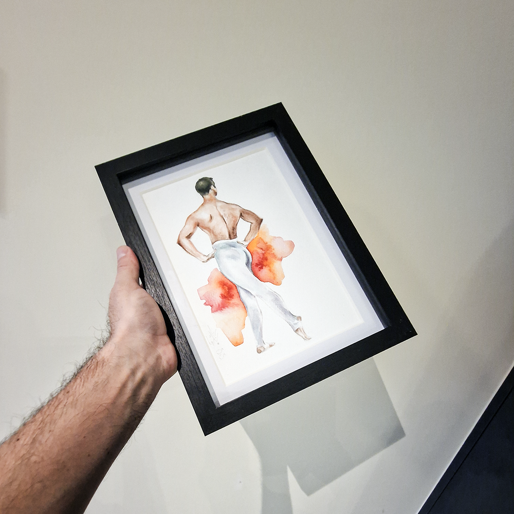 Male Dancer in White, Man Figure Watercolor Painting Framed