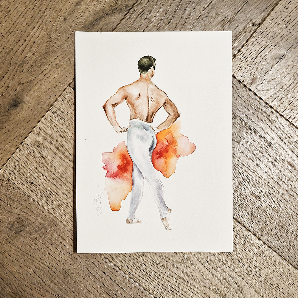Male Dancer in White, Man Figure Watercolor Painting Framed