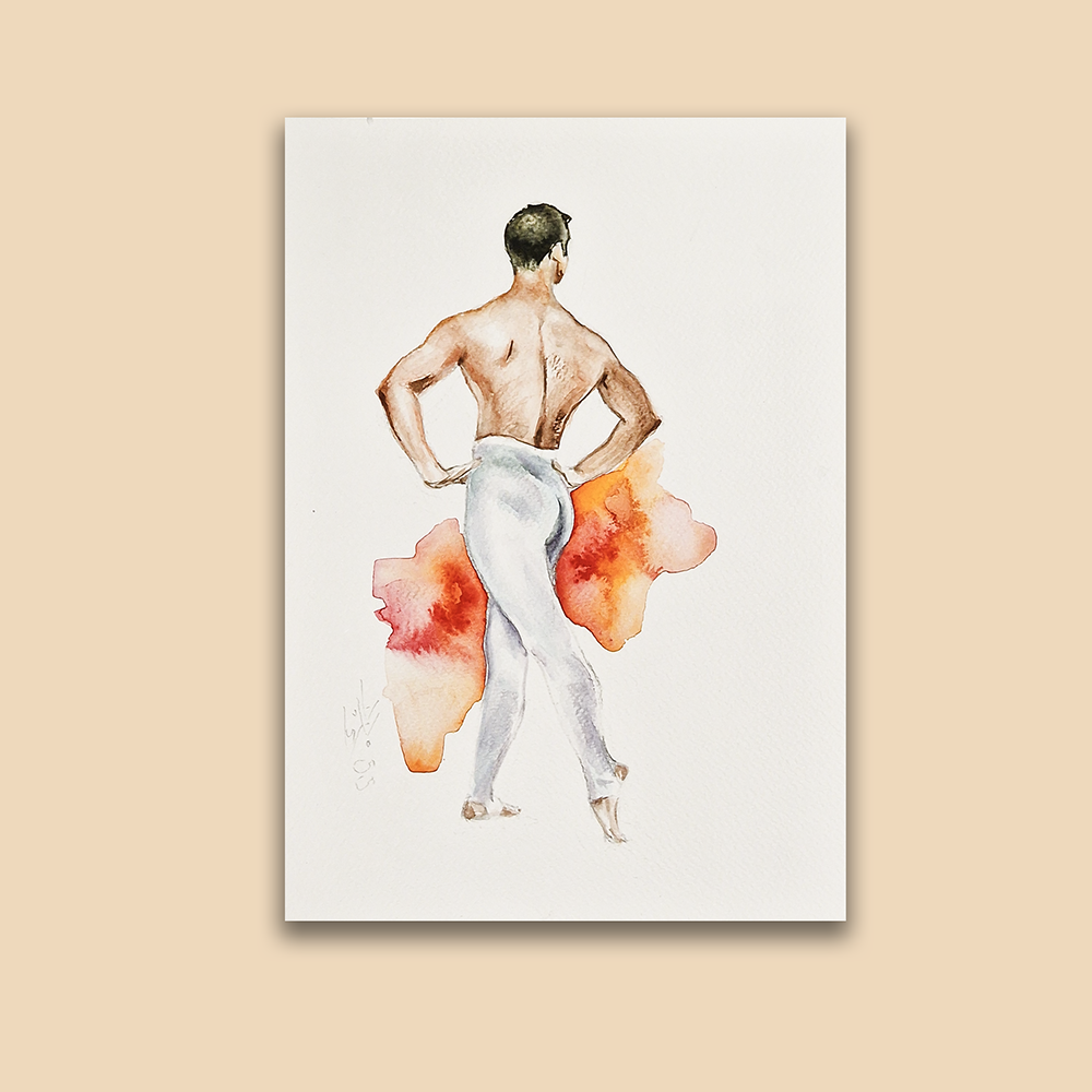 Male Dancer in White, Man Figure Watercolor Painting Framed
