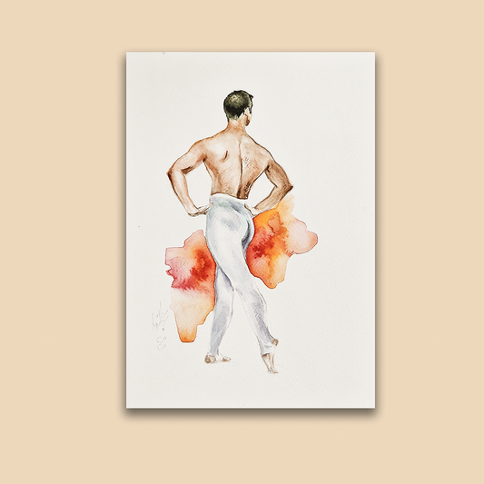 Male Dancer in White, Man Figure Watercolor Painting Framed