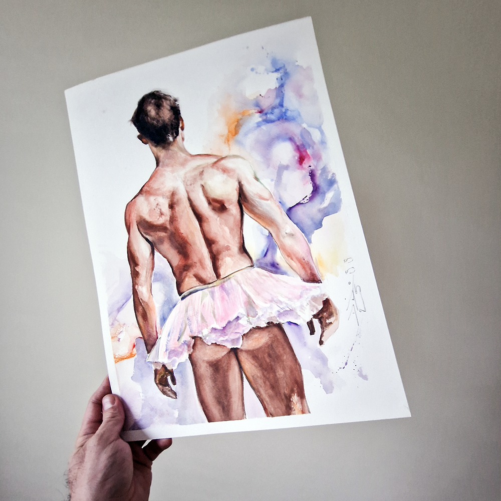 Dancer in Pink Watercolor Painting, Male Figure Original Artwork in Clip On Frame
