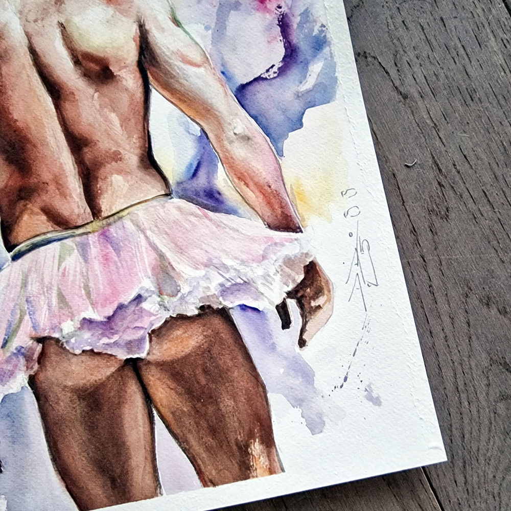 Dancer in Pink Watercolor Painting, Male Figure Original Artwork in Clip On Frame