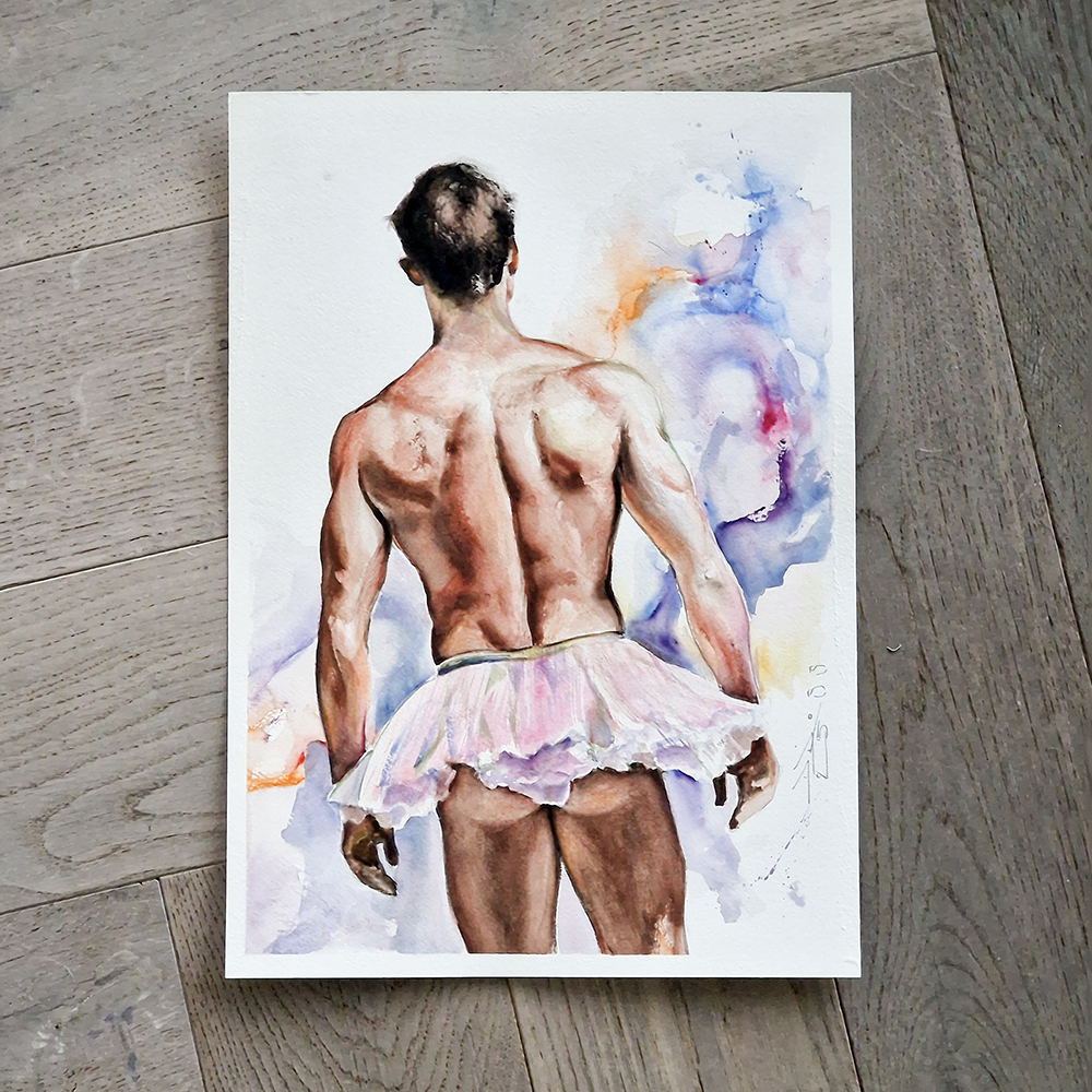 Dancer in Pink Watercolor Painting, Male Figure Original Artwork in Clip On Frame