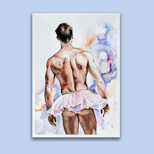 Dancer in Pink Watercolor Painting, Male Figure Original Artwork in Clip On Frame