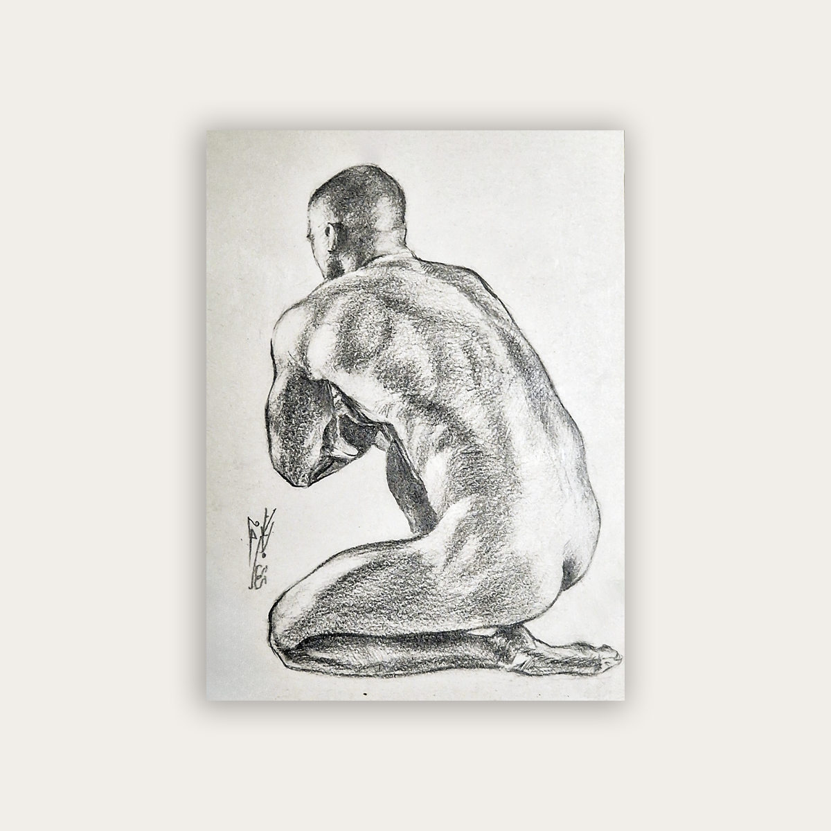 Male Figure Original Drawing, Back of Man Body in Graphite on Paper
