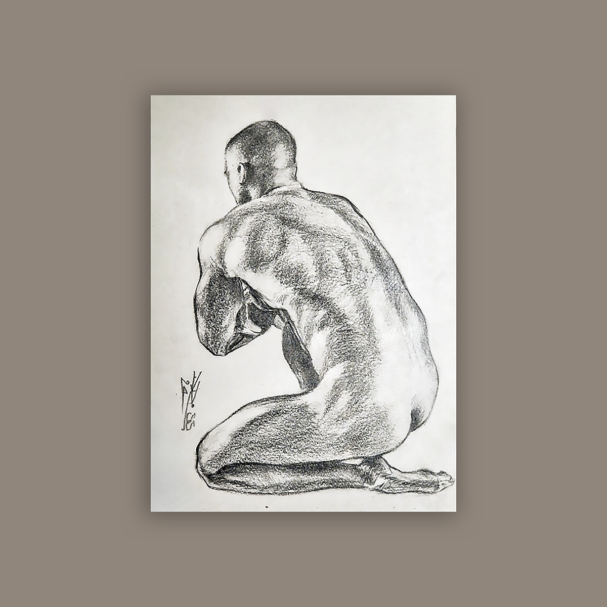 Male Figure Original Drawing, Back of Man Body in Graphite on Paper
