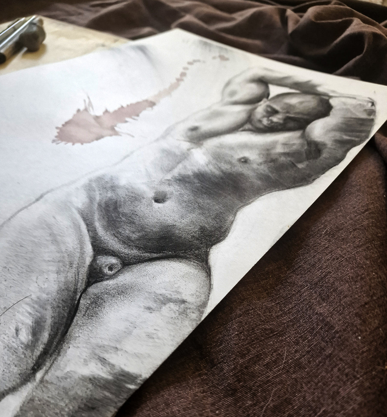 Nude Male Drawing "The Sleeping Knight Of Siena" – Charcoal & Chianti