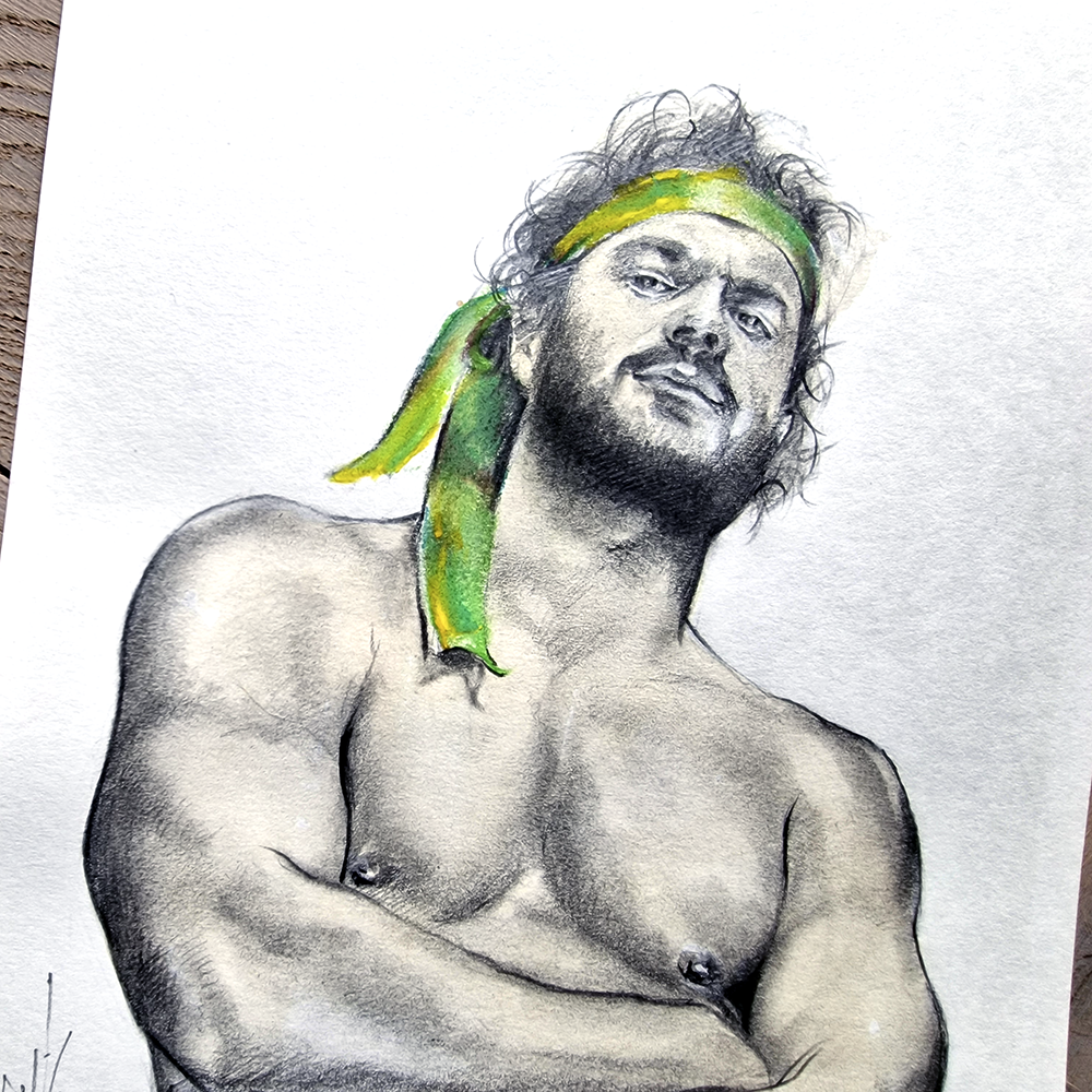 Gay Art Framed Drawing, Male Figure Wall Art, Handsome Man with Green Ribbon, Pride Art Gift, Gay Home Decor, Portrait Art