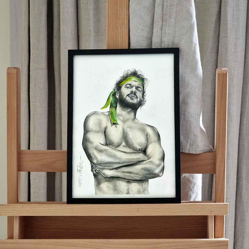 Gay Art Framed Drawing, Male Figure Wall Art, Handsome Man with Green Ribbon, Pride Art Gift, Gay Home Decor, Portrait Art