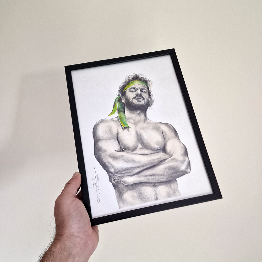 Gay Art Framed Drawing, Male Figure Wall Art, Handsome Man with Green Ribbon, Pride Art Gift, Gay Home Decor, Portrait Art