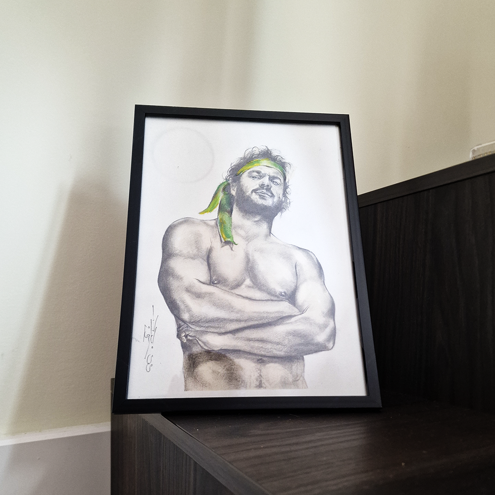 Gay Art Framed Drawing, Male Figure Wall Art, Handsome Man with Green Ribbon, Pride Art Gift, Gay Home Decor, Portrait Art
