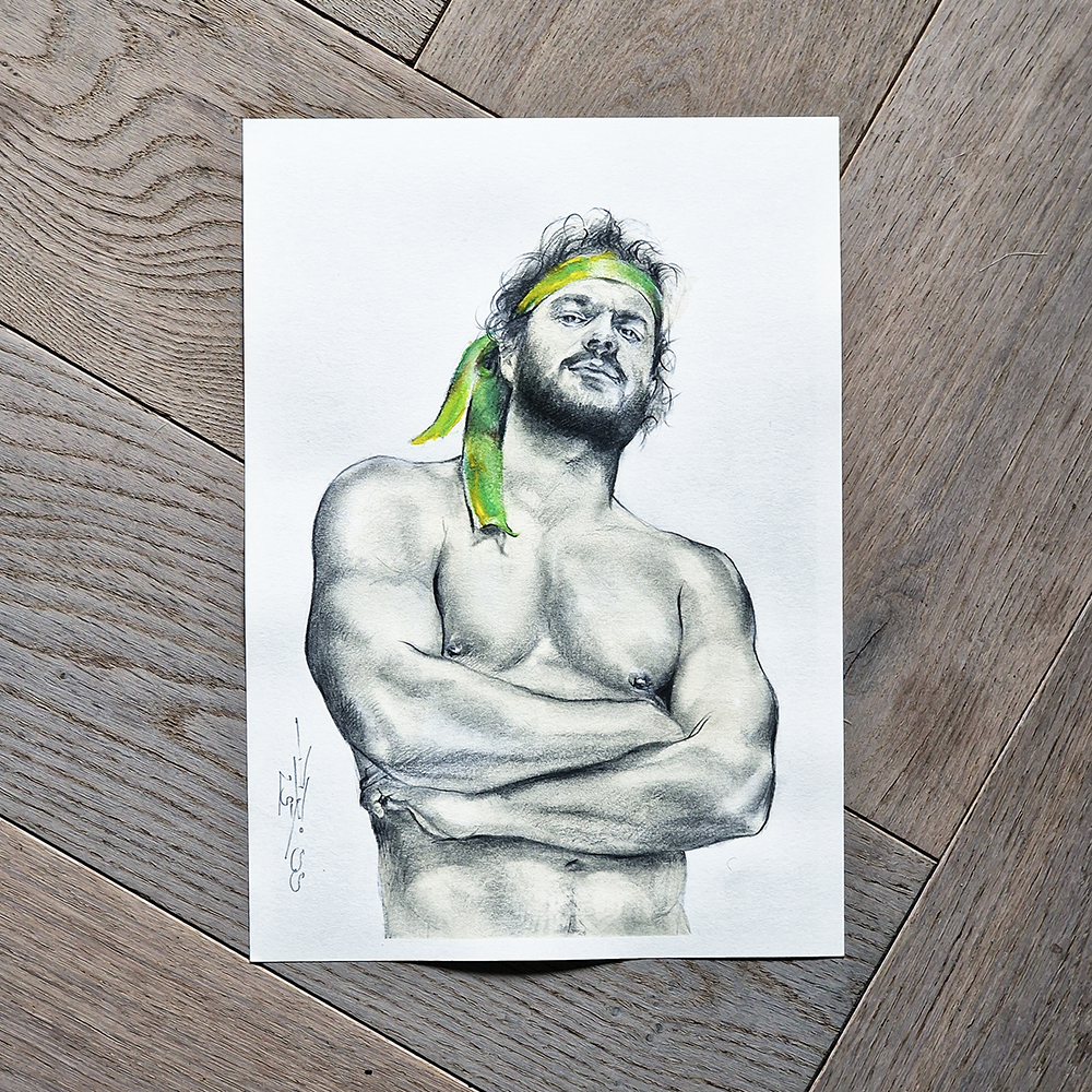 Gay Art Framed Drawing, Male Figure Wall Art, Handsome Man with Green Ribbon, Pride Art Gift, Gay Home Decor, Portrait Art