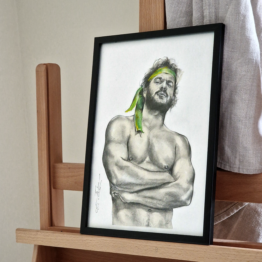 Gay Art Framed Drawing, Male Figure Wall Art, Handsome Man with Green Ribbon, Pride Art Gift, Gay Home Decor, Portrait Art