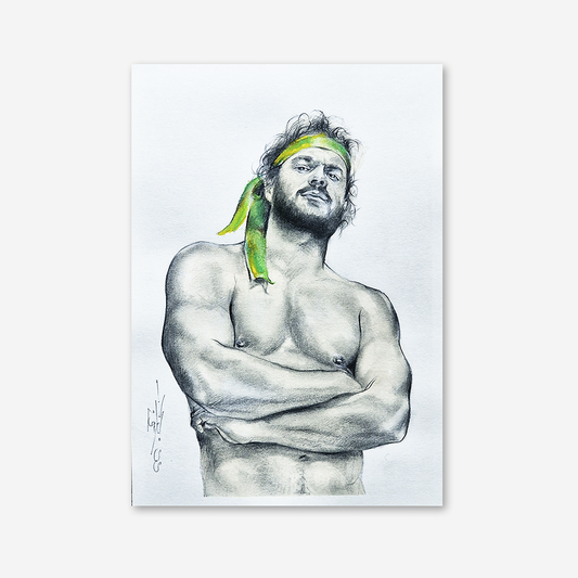 Gay Art Framed Drawing, Male Figure Wall Art, Handsome Man with Green Ribbon, Pride Art Gift, Gay Home Decor, Portrait Art