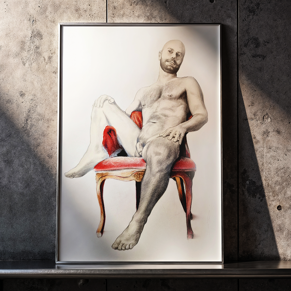 Male Figure Drawing Crimson Red Original Art Dimitri Ross