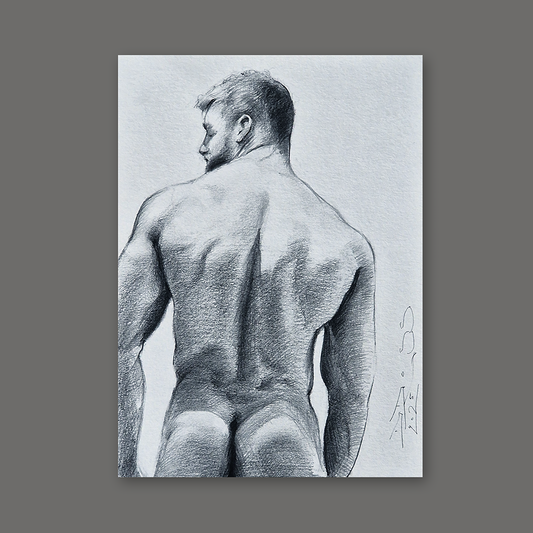 Back of Male Figure, Original Framed Art, Man Body Drawing
