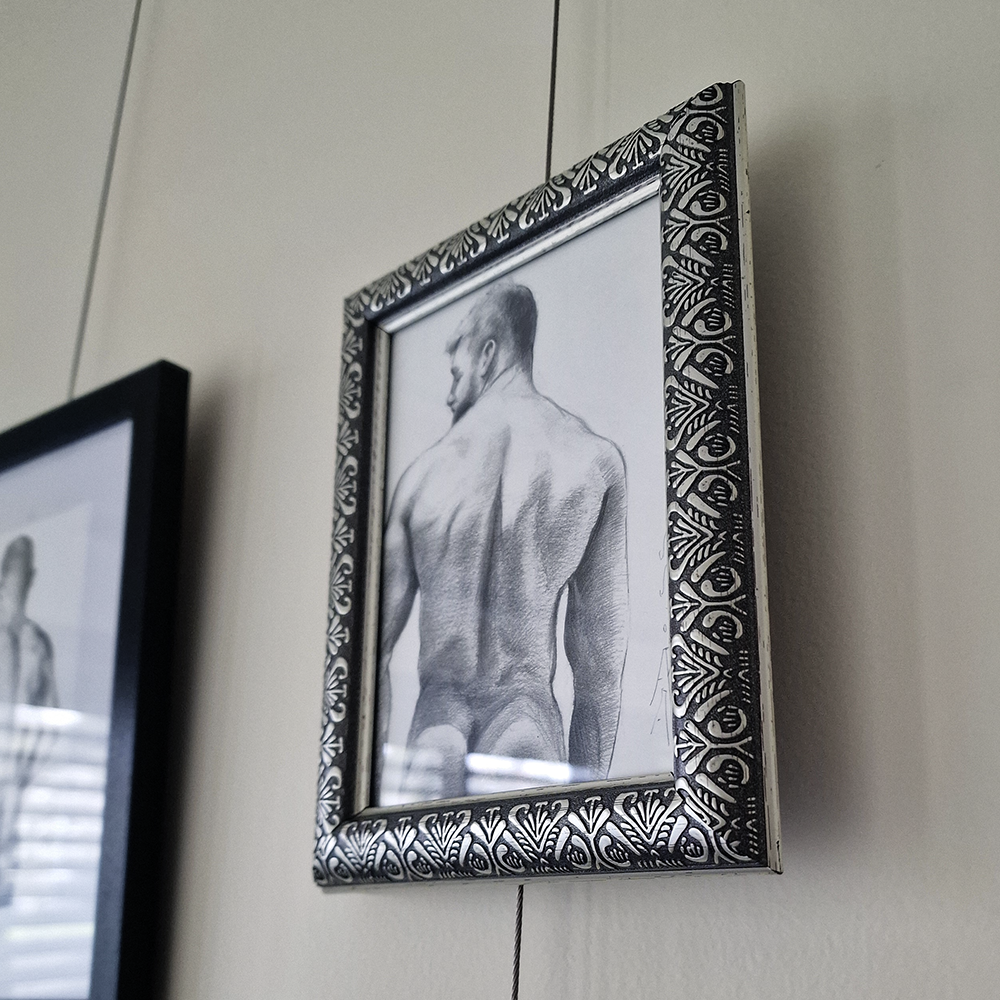 Back of Male Figure, Original Framed Art, Man Body Drawing