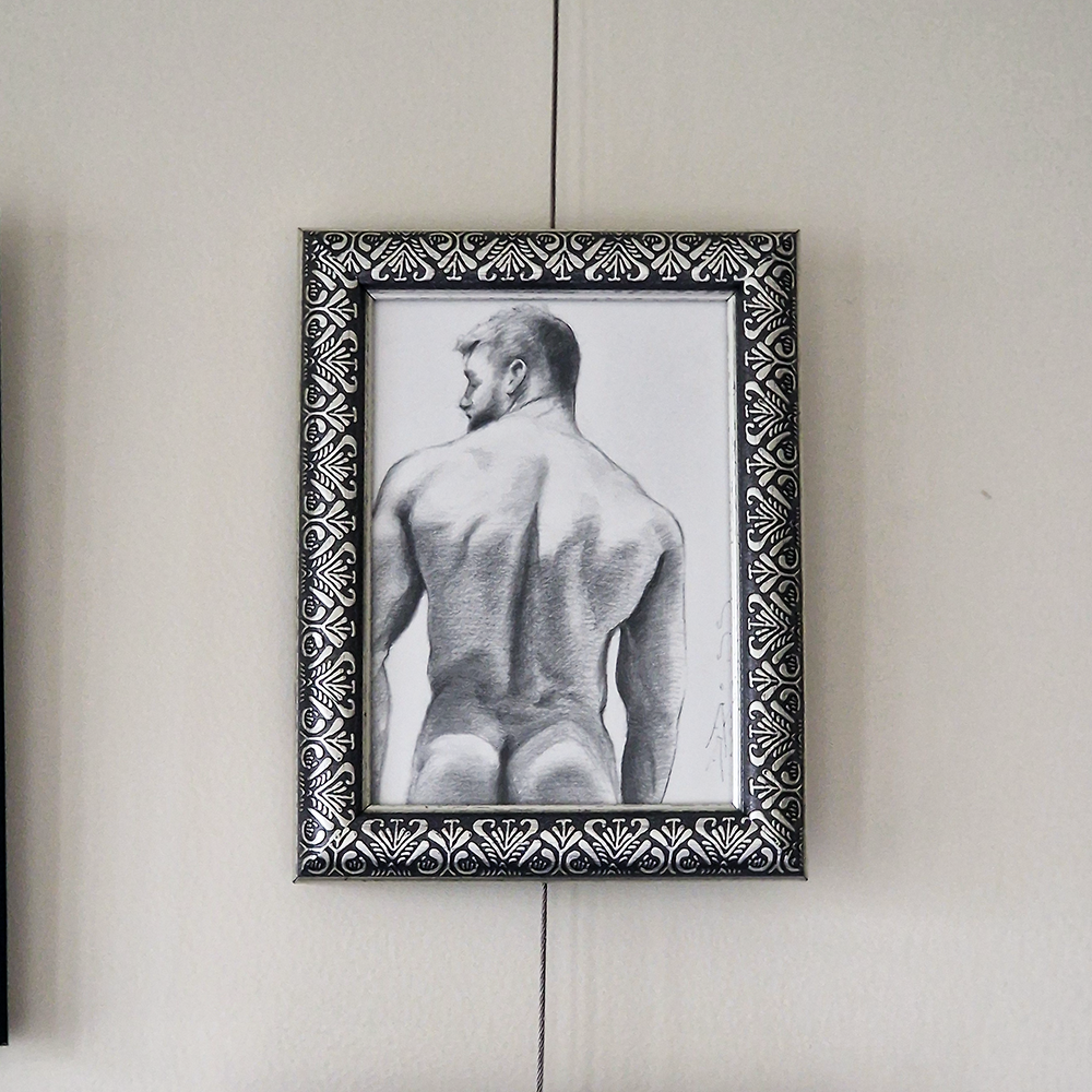 Back of Male Figure, Original Framed Art, Man Body Drawing