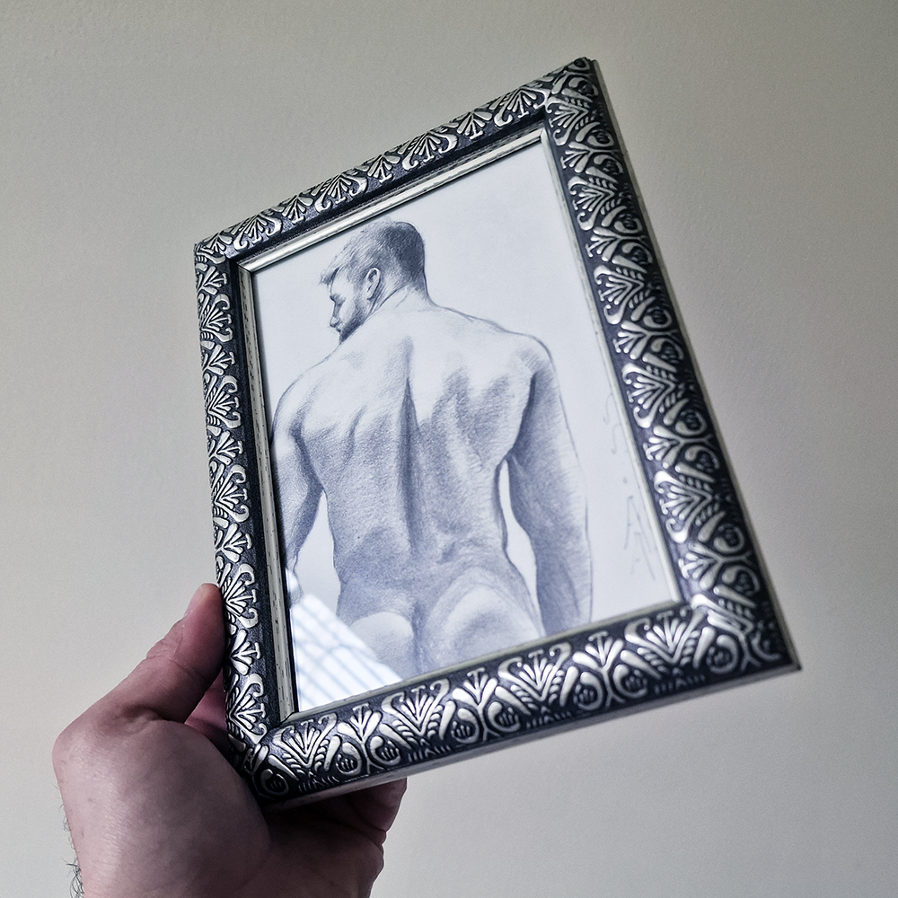 Back of Male Figure, Original Framed Art, Man Body Drawing