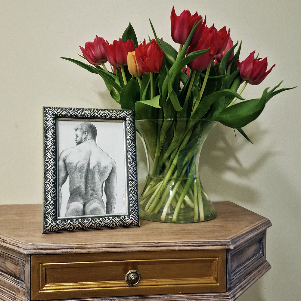 Back of Male Figure, Original Framed Art, Man Body Drawing