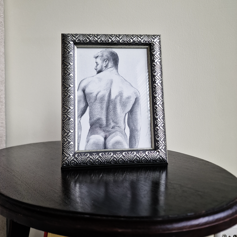 Back of Male Figure, Original Framed Art, Man Body Drawing