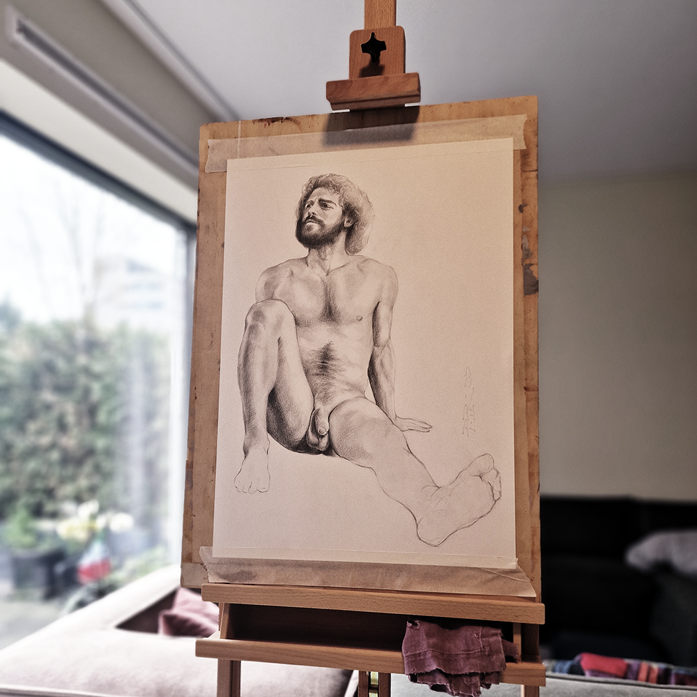 Sitting Male Figure Drawing, Original Art of Man Body in Graphite on Paper