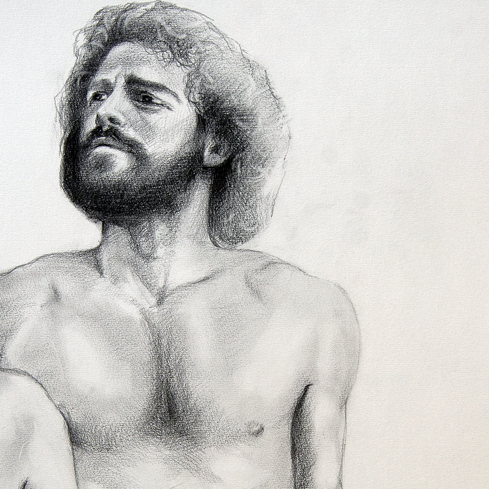 Sitting Male Figure Drawing, Original Art of Man Body in Graphite on Paper