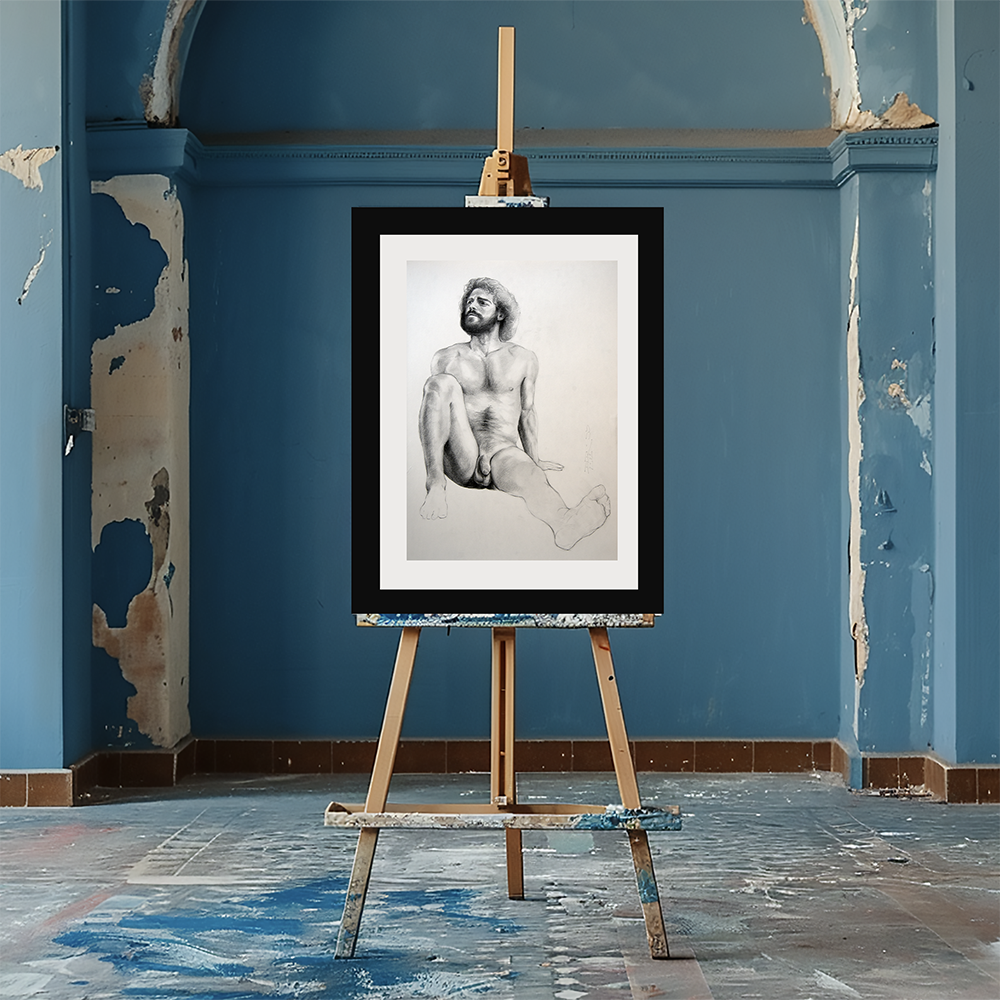 Sitting Male Figure Drawing, Original Art of Man Body in Graphite on Paper