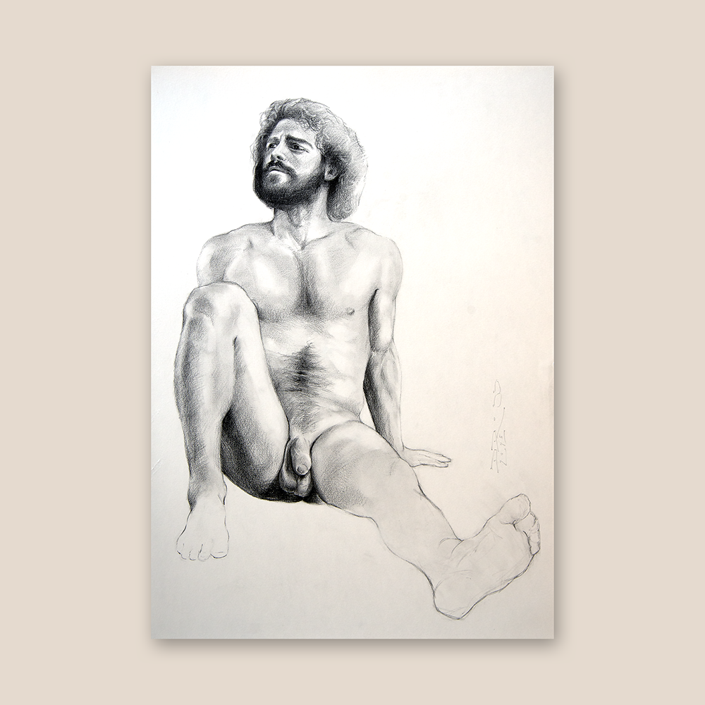 Sitting Male Figure Drawing, Original Art of Man Body in Graphite on Paper