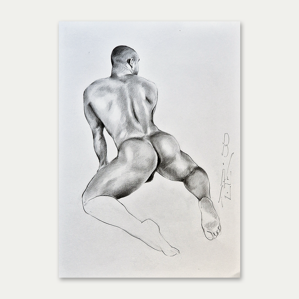 Male Figure Drawing, Man in Kneeling Pose Original Art