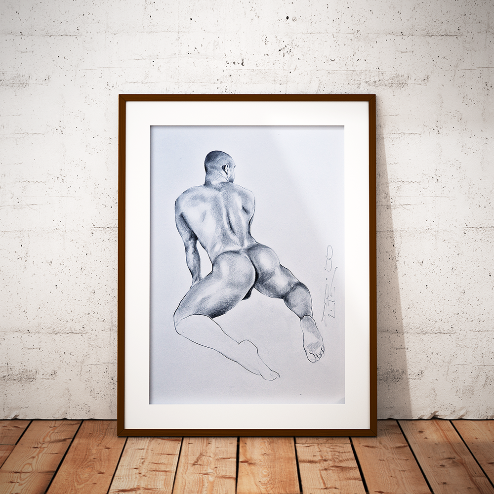 Male Figure Drawing, Man in Kneeling Pose Original Art