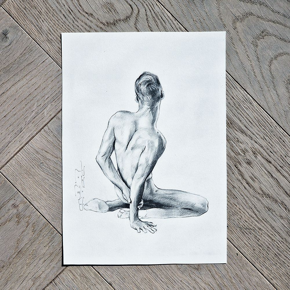Young Male Model Sitting, Male Figure Drawing Dimitri Ross Fine Art Studio Amsterdam