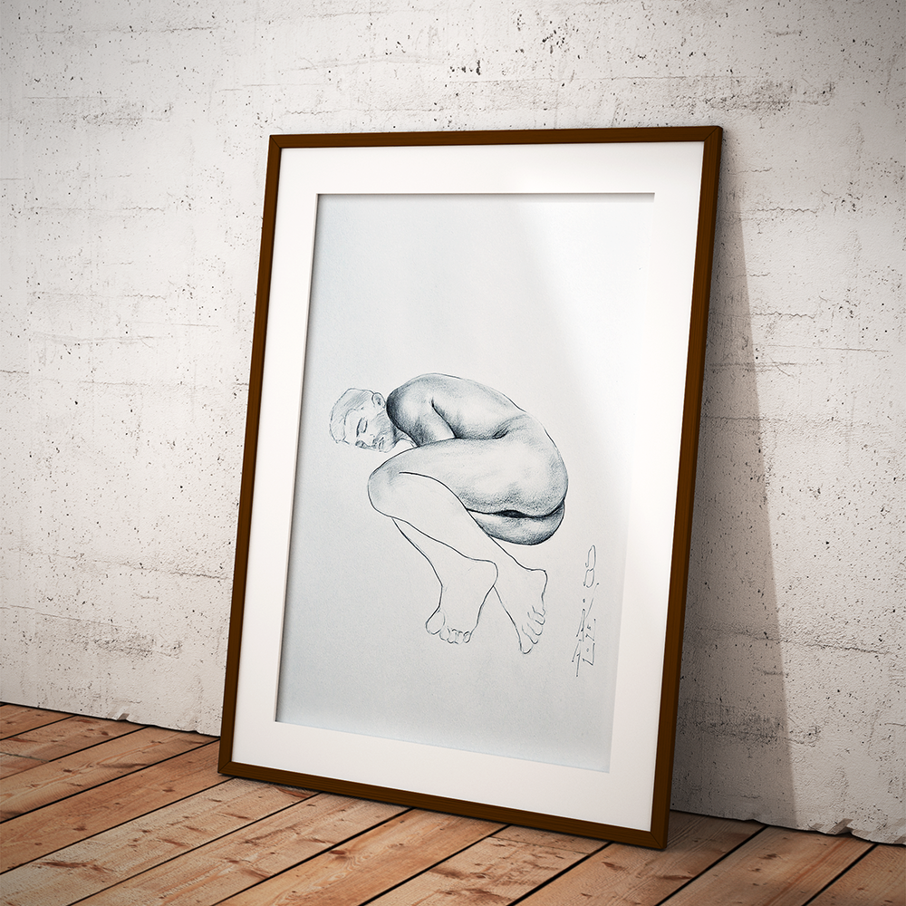 Male Figure Drawing, Man in Lying Pose Original Art
