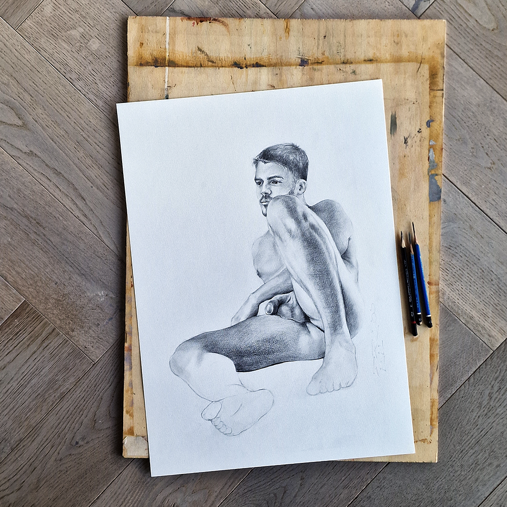 Male Figure Drawing, Man Body Reclining Original Art