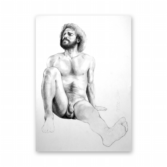 Sitting Male Figure Drawing, Original Art of Man Body in Graphite on Paper