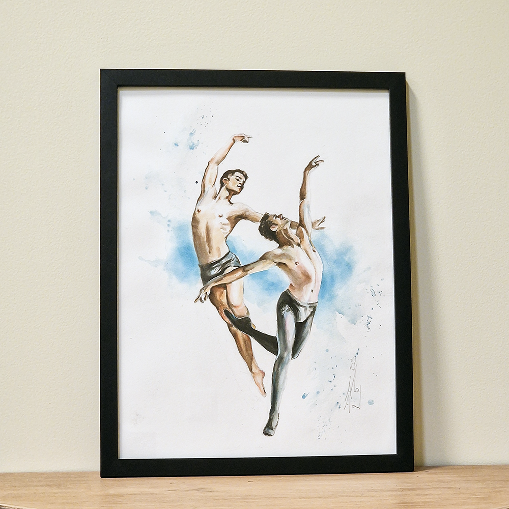 Two Male Dancers on Blue, Male Figure in Watercolor, Original Man Body Painting in Clip On Frame