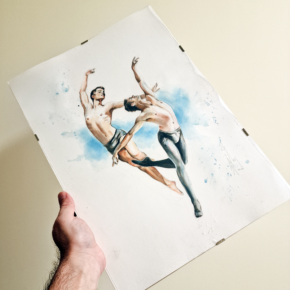 Two Male Dancers on Blue, Male Figure in Watercolor, Original Man Body Painting in Clip On Frame