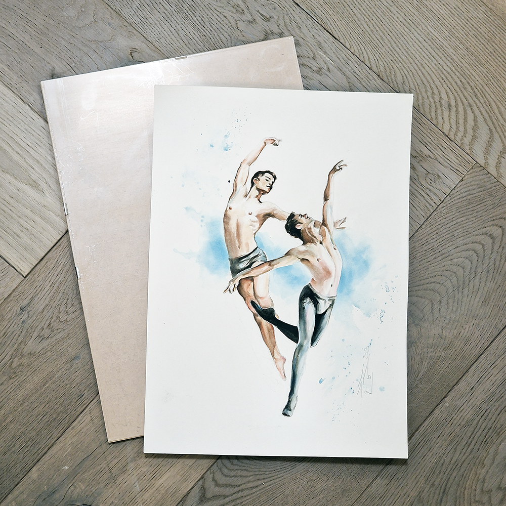 Two Male Dancers on Blue, Male Figure in Watercolor, Original Man Body Painting in Clip On Frame