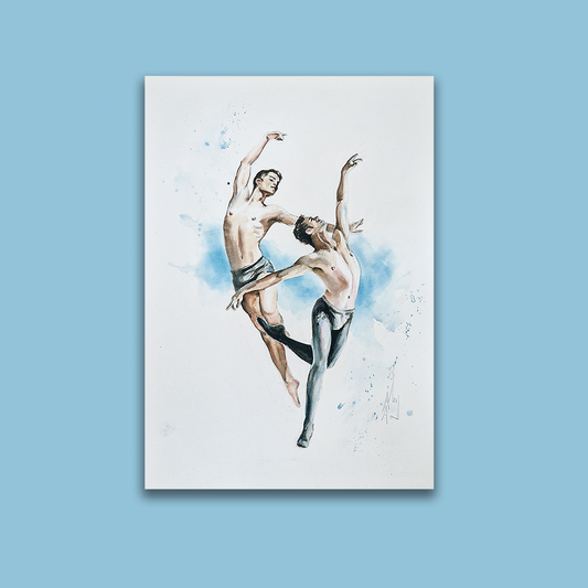 Two Male Dancers on Blue, Male Figure in Watercolor, Original Man Body Painting in Clip On Frame