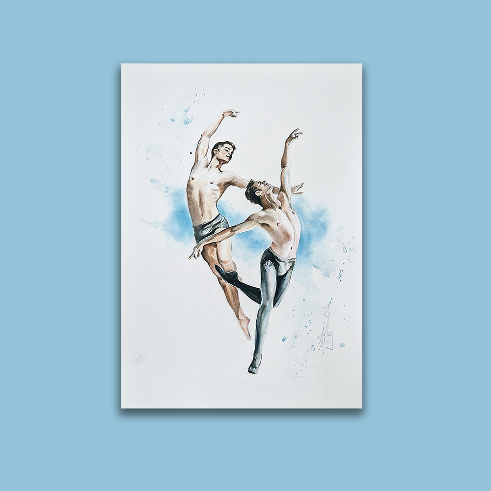 Two Male Dancers on Blue, Male Figure in Watercolor, Original Man Body Painting in Clip On Frame