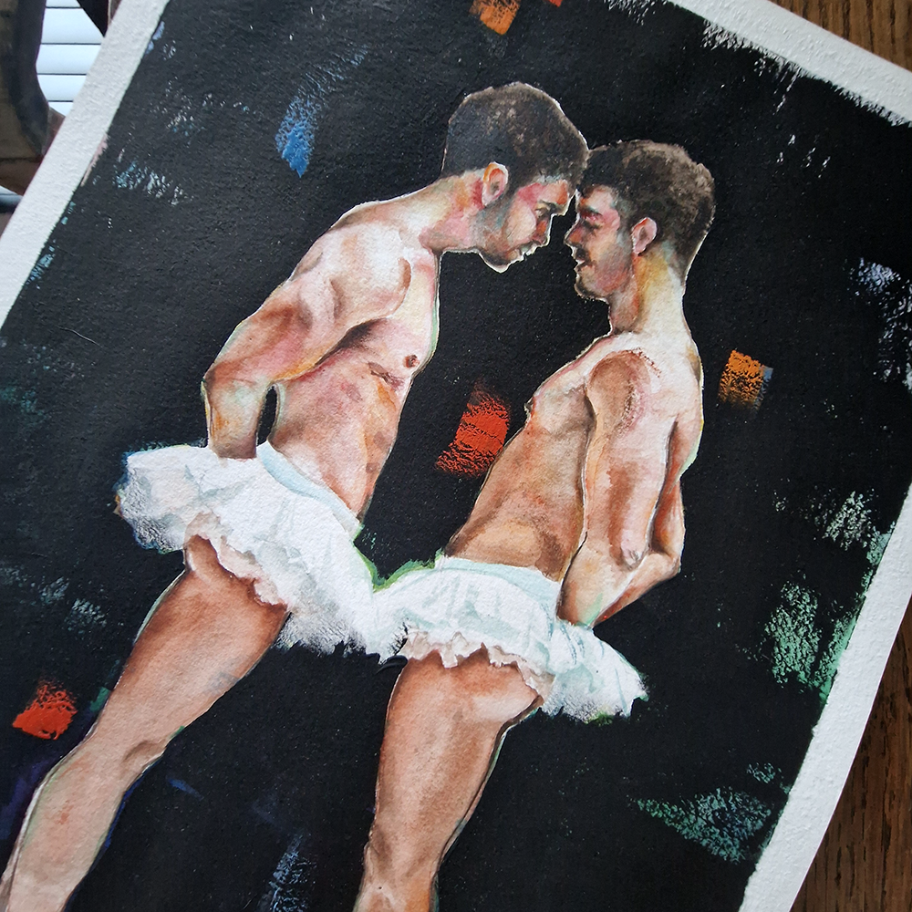 Men Romance Watercolor Painting, Male Figure Art on Black