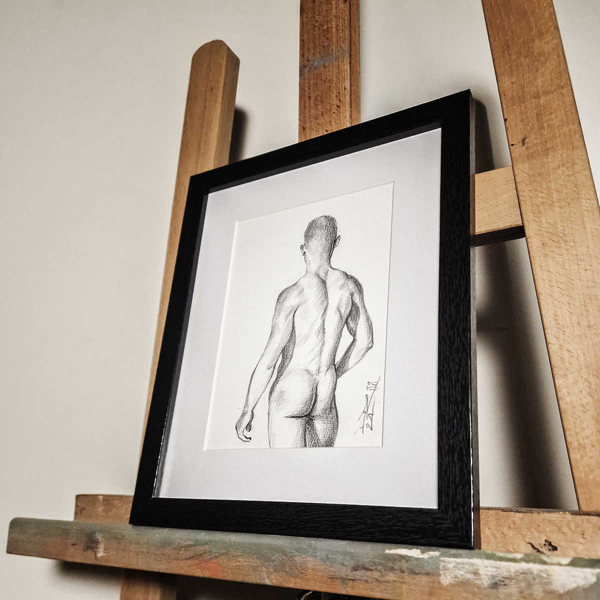 Back View Male Figure Drawing, Man Body in Graphite on Paper, Original Framed Art