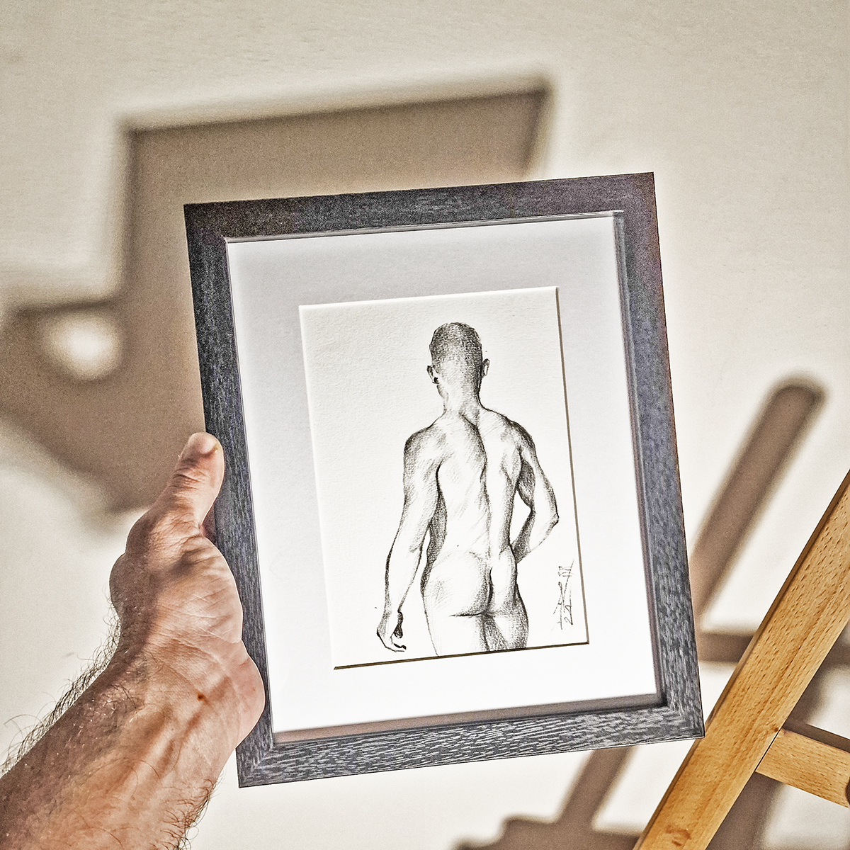 Back View Male Figure Drawing, Man Body in Graphite on Paper, Original Framed Art